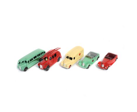 5 Dinky Toys. Daimler Ambulance (253) in cream with red wheels. Plus a Streamlined Fire Engine (25h/250). In bright red with 