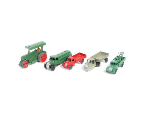 5 Dinky Toys. Motor Truck (22c) in red with black ridged wheels, open rear window. Petrol Tank Wagon (25d) in dark green with