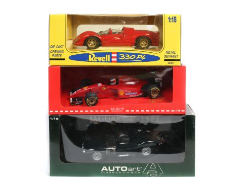 7x 1:18 scale cars by various makes. An Auto Art Jaguar D type in dark green. A Paul's Model Art Michael Schumacher Collectio