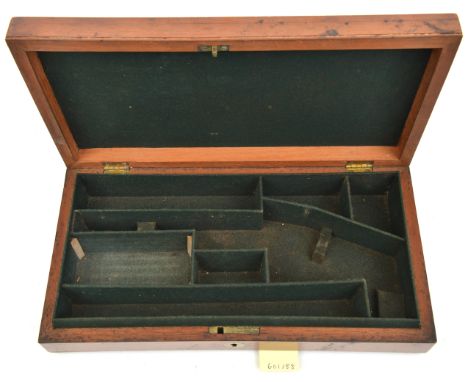 A late 19th century fitted mahogany pistol case, for an 11¾” saloon pistol or similar (?), with dark green baize lining and c