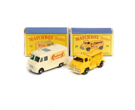 2 Matchbox Series Vehicles. No.28 Ford Thames Trader Compressor Lorry, in yellow with B.P.W. Plus a No.62 Commer TV Service V