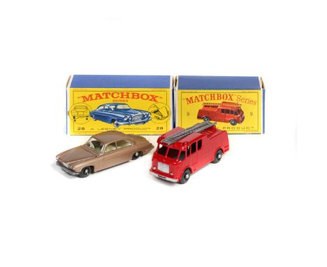 2 Matchbox Series. No.9 Fire Truck (AEC Merryweather Marquis). In deep red with silver ladder and B.P.W. Together with a Jno.