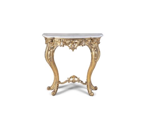 A 19TH CENTURY GILTWOOD BOWFRONT CONSOLE TABLE, the frieze with leaf and scroll carved decoration, with white marble top, the