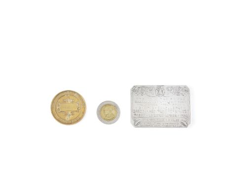 AN INDIAN COMMEMORATIVE SILVER PANEL, in fitted case; together with another Indian commemorative medallion and another coin (