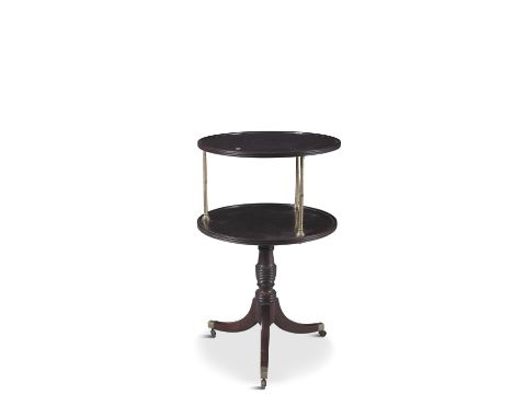 A REGENCY MAHOGANY AND BRASS TWO-TIER DUMB WAITER, c.1810, of circular form with two reeded platforms separated by banded tub