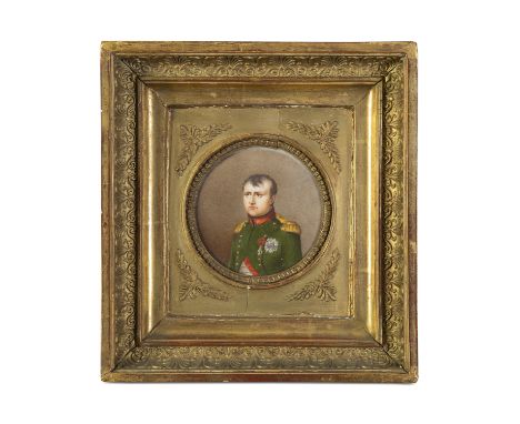 19TH CENTURY SCHOOLA Miniature Portrait of NapoleonTondo, oil on porcelain, 8.5cm diameterIn a gilt frame