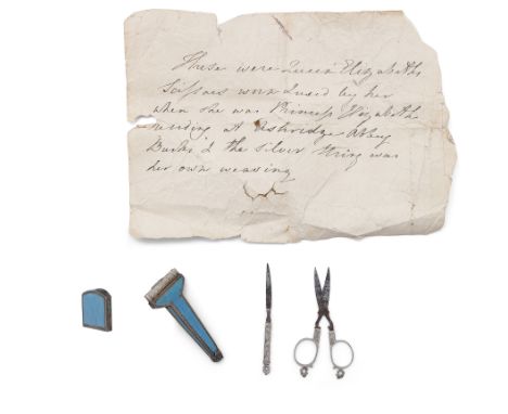 AN ELIZABETHAN BLUE ENAMEL PENDANT CASE, late 16th century, fitted with a scissors and silver handled knife with manuscript i