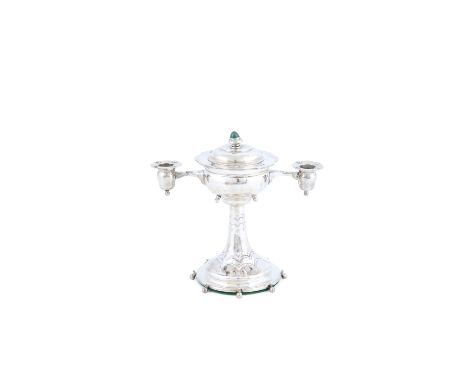 AN ENGLISH ARTS AND CRAFTS SILVER OFFERING CUP AND COVER, 1908, the cup applied with twin arms supporting candle sconces, rai