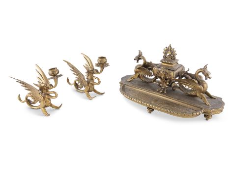 A LARGE CAST BRASS STANDISH, fitted central covered inkwell, flanked by winged griffons. 39 x 18cm; together with a pair of b