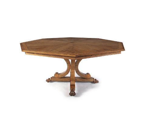 A VICTORIAN INLAID ROSEWOOD OCTAGONAL DINING TABLE, the top centred with a marquetry rosette, banded with continuous flowers 