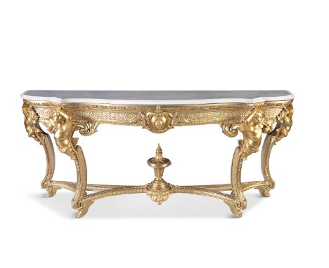 A LARGE 19TH CENTURY GILTWOOD SERPENTINE FRONT CONSOLE TABLE, the white marble top with stepped moulded rim, above a band of 