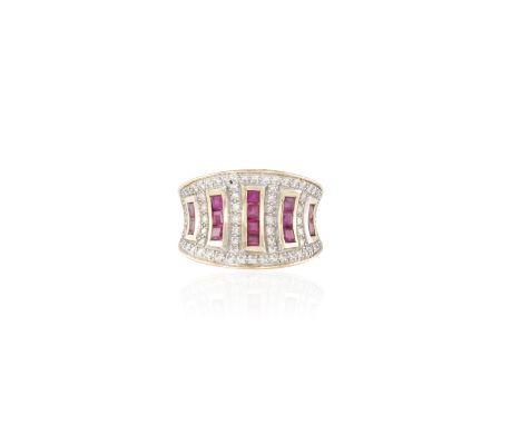 A RUBY AND DIAMOND DRESS RINGThe concave body set with single-cut diamonds throughout, to five graduated rows of square-shape