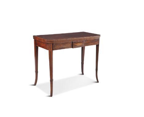 A GEORGE IV MAHOGANY AND CROSSBANDED FOLD OVER CARD TABLE, of rectangular form with canted corners, and baise lined interior,