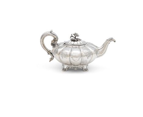 A GEORGE IV SILVER TEAPOT, London c.1829, mark of Edward, Edward Jr., John &amp; William Bernard, of squashed melon form, the