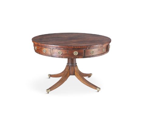 A REGENCY INLAID ROSEWOOD CIRCULAR CENTRE TABLE, the plain crossbanded top with brass stringing above an arrangement of cockb