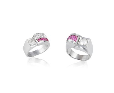 TWO ART DECO RUBY AND PASTE RINGSMounted in silver, French assay marks, both ring sizes L 