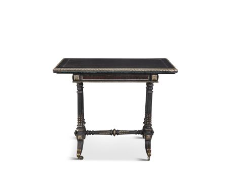 A 19TH CENTURY LOUIS PHILLIPE EBON FOLDING TOP CARD TABLE, decorated with cast ormolu banding, and stringing, raised on pairs