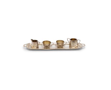 A MINIATURE SILVER BACHELOR'S TEA SERVICE FOR A DOLL'S HOUSE, Birmingham c.1919, mark of Levi &amp; Salaman, comprising an ob