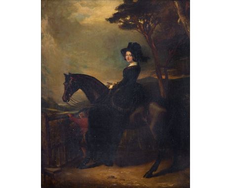 ATTRIBUTED TO WILLIAM FOY (c.1791 - 1860)Portrait of a Lady on Horseback, in a Landscape, with a Small Boy opening a gateOil 