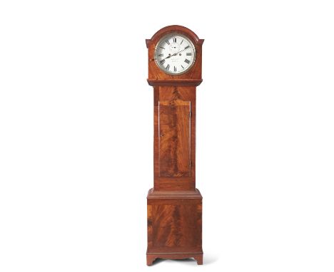 AN IRISH VICTORIAN MAHOGANY LONGCASE CLOCK by Patricia  Donegan of Dublin, the arched hood with glazed band door, enclosing  