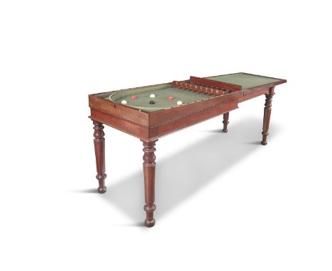 A RARE 19TH CENTURY MAHOGANY CASED BAGATELLE TABLE, stamped 'Thurston, 14 Catherine Street, London', the out folding top reve