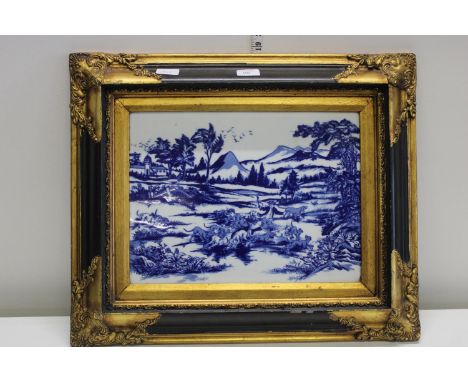 Chinese Blue &amp; White Ceramic Tablet in ornate guilt frame, Character marks to the back including frame 59x52cm 