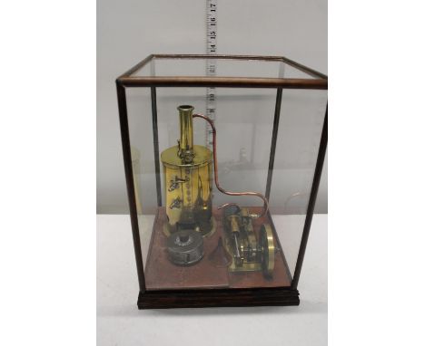 A Vintage Horizontal Steam Engine with Boiler in Display case