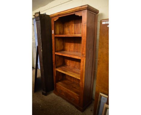 RETRO STAINED WOOD FOUR-SHELF BOOKCASE WITH TWO DRAWERS BELOW 