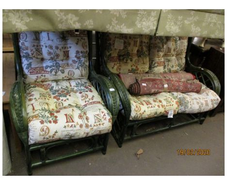 GREEN PAINTED TWO-PIECE CONSERVATORY SUITE OF TWO-SEATER SOFA AND EASY CHAIR 