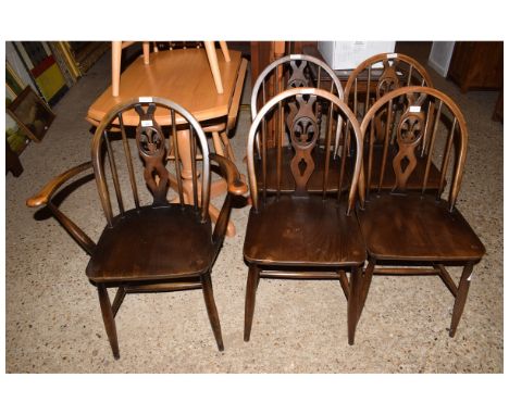 SET OF FIVE DARK FINISH ERCOL STICK BACK DINING CHAIRS COMPRISING FOUR SINGLES AND A CARVER 