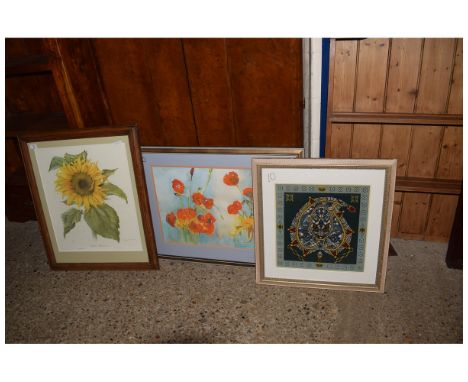 TWO MODERN FLORAL PRINTS AND A WOOL WORK PANEL 