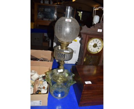 VICTORIAN OIL LAMP AND FURTHER GREEN RIMMED SHADE 