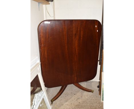 GEORGIAN MAHOGANY SQUARE TILT TOP TABLE WITH A SPLAYED TRIPOD BASE AND BRASS CAPPED CASTERS 