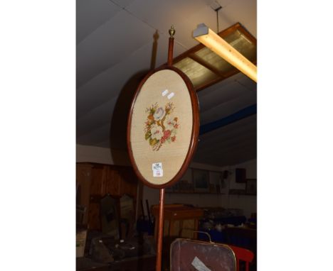VICTORIAN MAHOGANY POLE SCREEN WITH OVAL SCREEN WITH FLORAL EMBROIDERED PANEL 