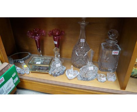 A small quantity of cut glass, to include: a Thomas Webb etched glass decanter and stopper; together with a pair of cranberry
