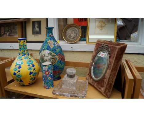 A Longwy pottery vase, 33.5cm high; together with smaller example; another pottery vase; an easel back mirror; and a glass in