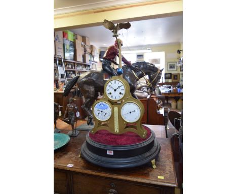 A 19th century style brass four dial combination clock, barometer, thermometer and perpetual calendar, height including eagle