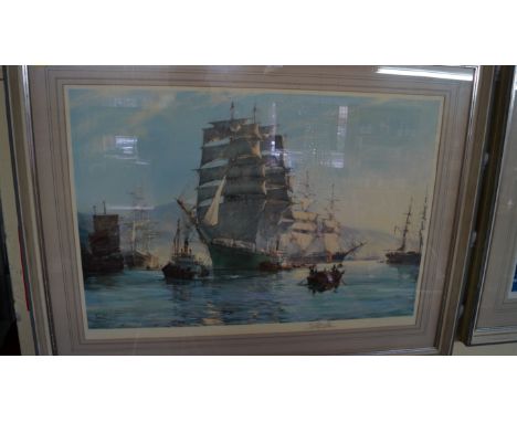 Montague Dawson, 'Thermopylae leaving Foochow Harbour', signed in pencil, blind stamped, Frost & Reed label verso, colour pri