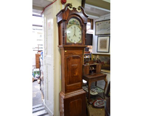 A 19th century oak, mahogany and line inlaid longcase clock, the 11½ inch painted dial indistinctly inscribed Nottingham, wit