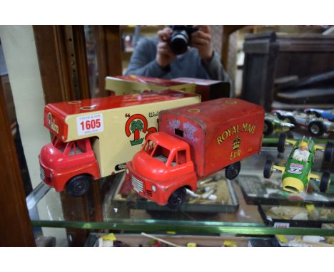 Two vintage tin plate delivery vans, comprising: Royal Mail and Walters' Palm Toffee.