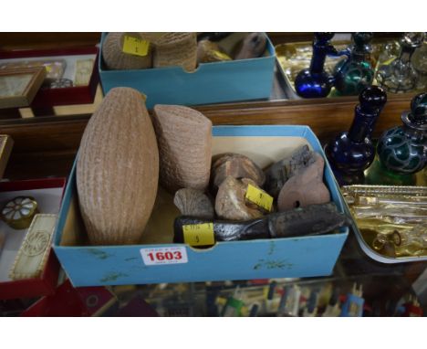 Antiquities: an interesting group of artifacts, to include two carved stone barrel form tablets, each inscribed with continuo