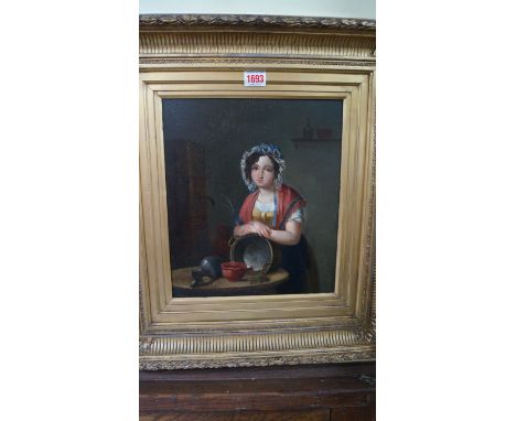English School, 1840, portrait of a young lady in a scullery, possibly Mrs Harriet Heigham, labelled verso, oil on panel, 31.