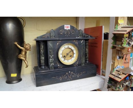 A Victorian slate and marble mantel clock, or architectural form, 35cm wide.