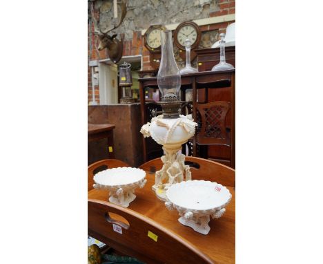 A Victorian Moore Bros figural oil lamp; together with a pair of Moore Bros comports.  Condition Report: The oil lamp working