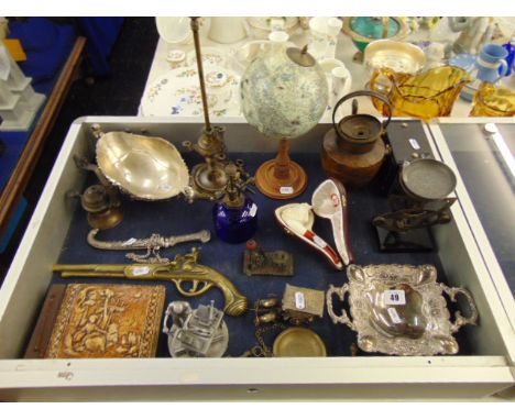 A qty of misc. items, brass, perfume bottle, scales, early Agfa camera