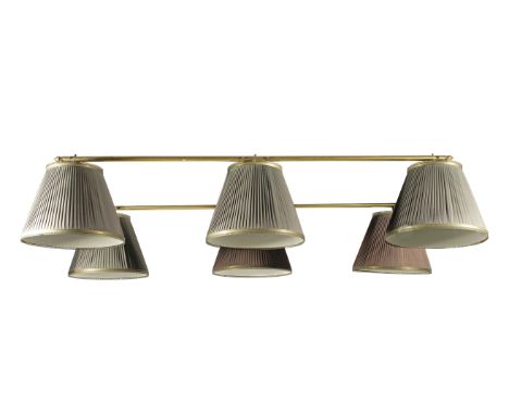 A large gilt brass billiard table lightWith six pleated and gilt metal mounted shades with pierced crowns and aprons,  178cm 