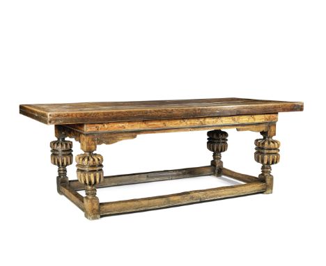 A 16th century and later oak and fruitwood inlaid refectory tableWith turned bulbous legs united by stretchers, geometric inl