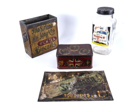 Vintage advertising items, two biscuit tins an enamel sign and a toffee jar