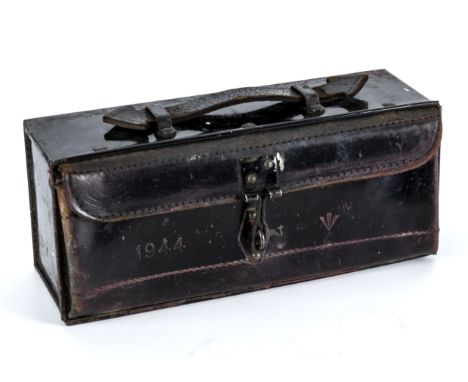 A World War 2 despatch riders case, the bag is metal with a leather opening it is dated 1944 along with the authentic Militar