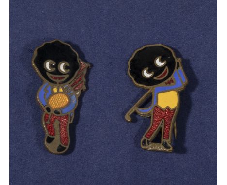 Two vintage enamel Robertsons jam badges, a golf player and bagpipe player made by R.E.M Gomm Fredericks Birmingham